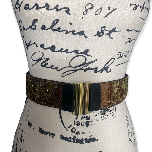 BCBGMaxazria black gold sequin stretch belt - Picture 4 of 4